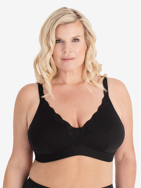 Front view of microfiber lace trim bralette in black