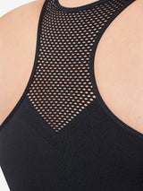 Close up detail view of cooling racerback sports bra in black