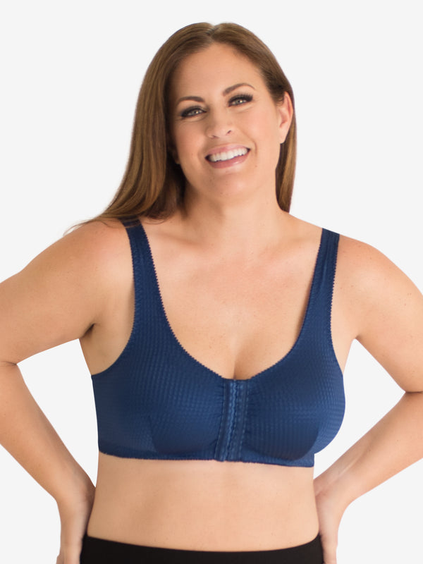 Front view of zig-zag weave front-closure comfort bra in sapphire