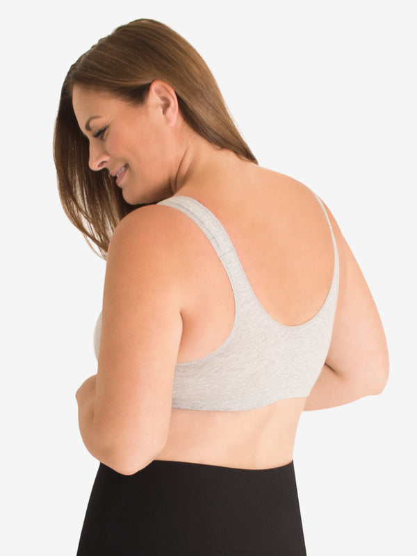Back view of cotton front-closure wirefree comfort bra in heather grey