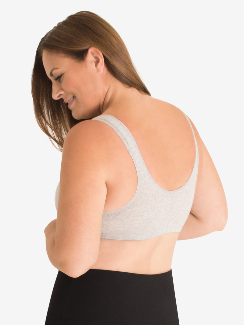 Back view of cotton front-closure wirefree comfort bra in heather grey