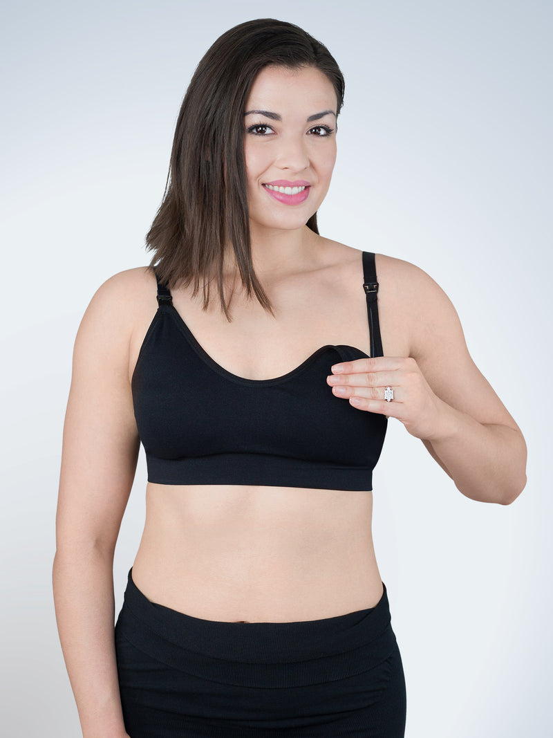 Front view of loving moments wirefree nursing bra in jet black