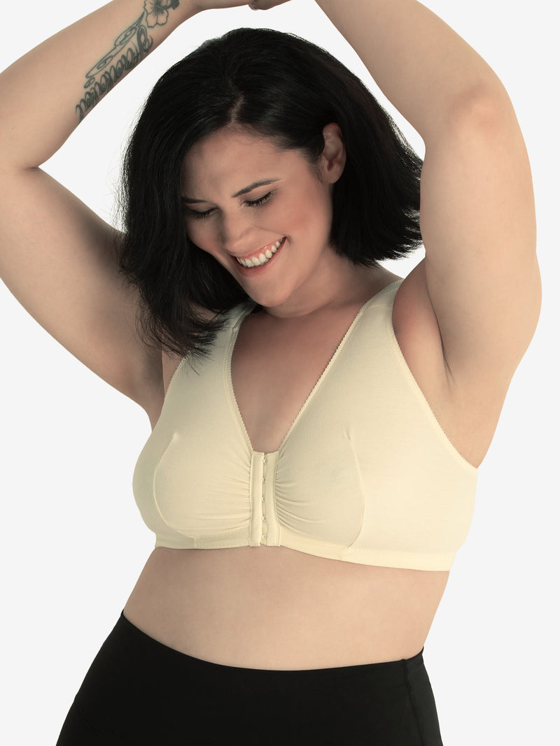 Side view of front-closure leisure bra in cream