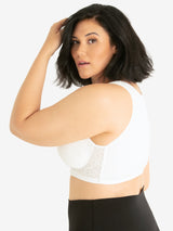 Side view of back smoothing front-closure lace bra in white