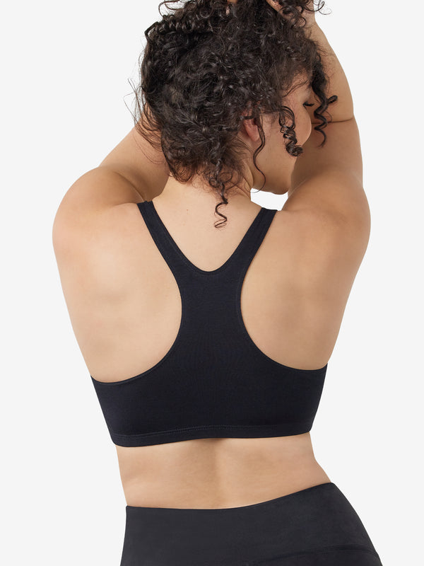 Back view of cotton wirefree sports bra in black