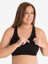 Front view of seamless medium impact sports bra in jet black