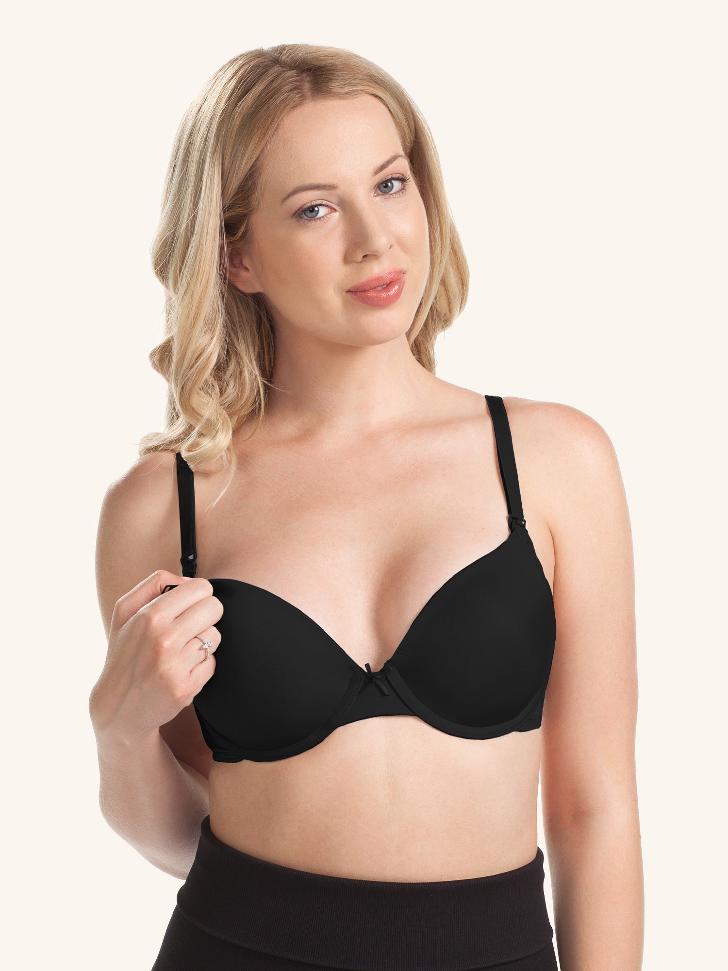 Front view of underwire maternity to nursing bra in black