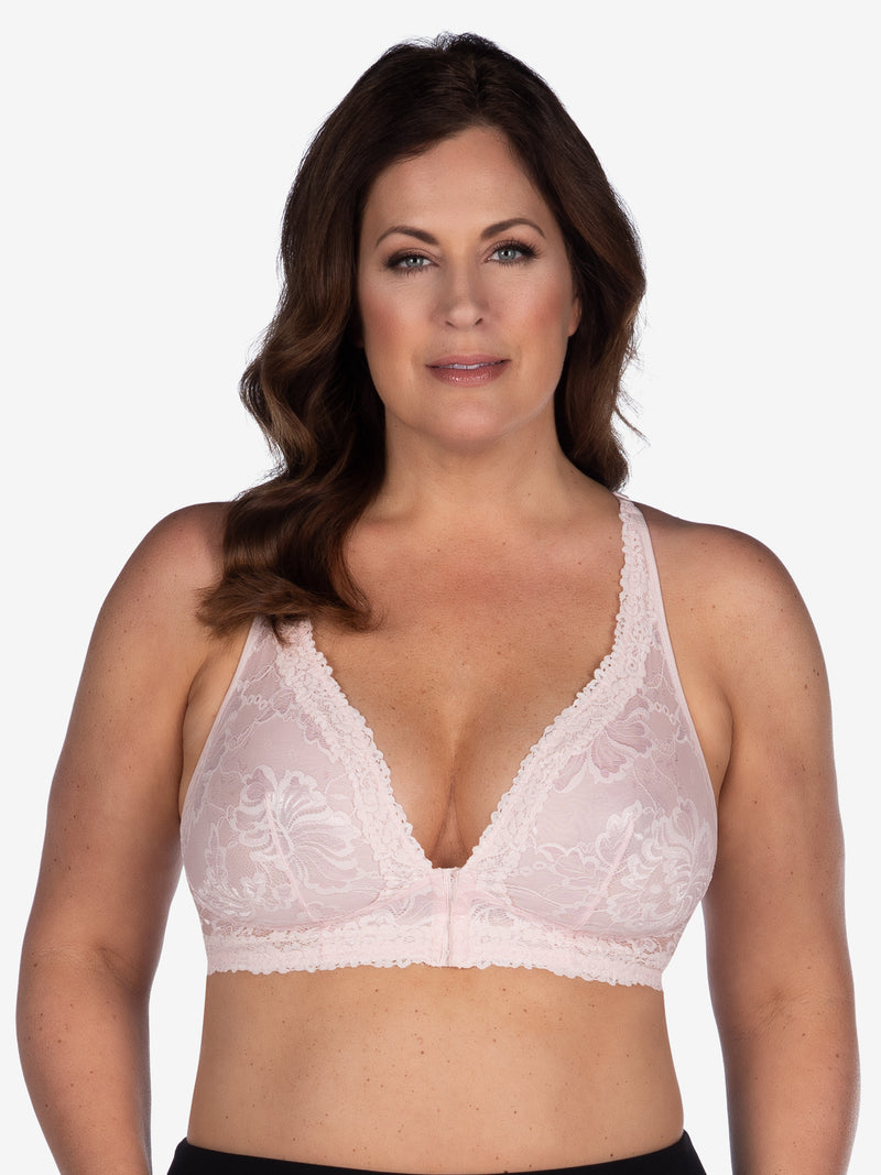 Front view of lace wirefree front-closure bralette in pearl pink
