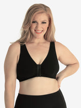 Front view of cotton front-closure wirefree comfort bra in black