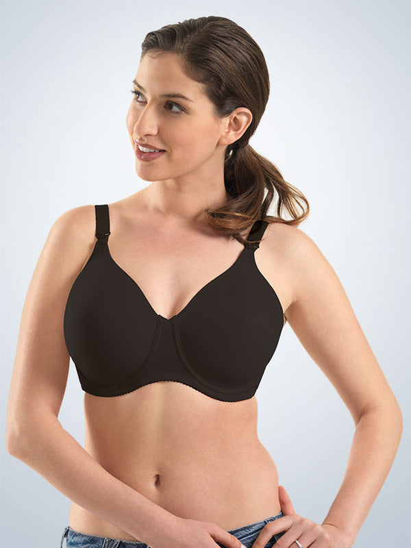Front view of molded seamless underwire nursing bra in black
