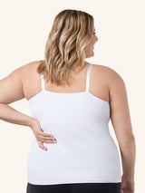 Close up detail view of maternity and nursing tank with built-in nursing bra in white