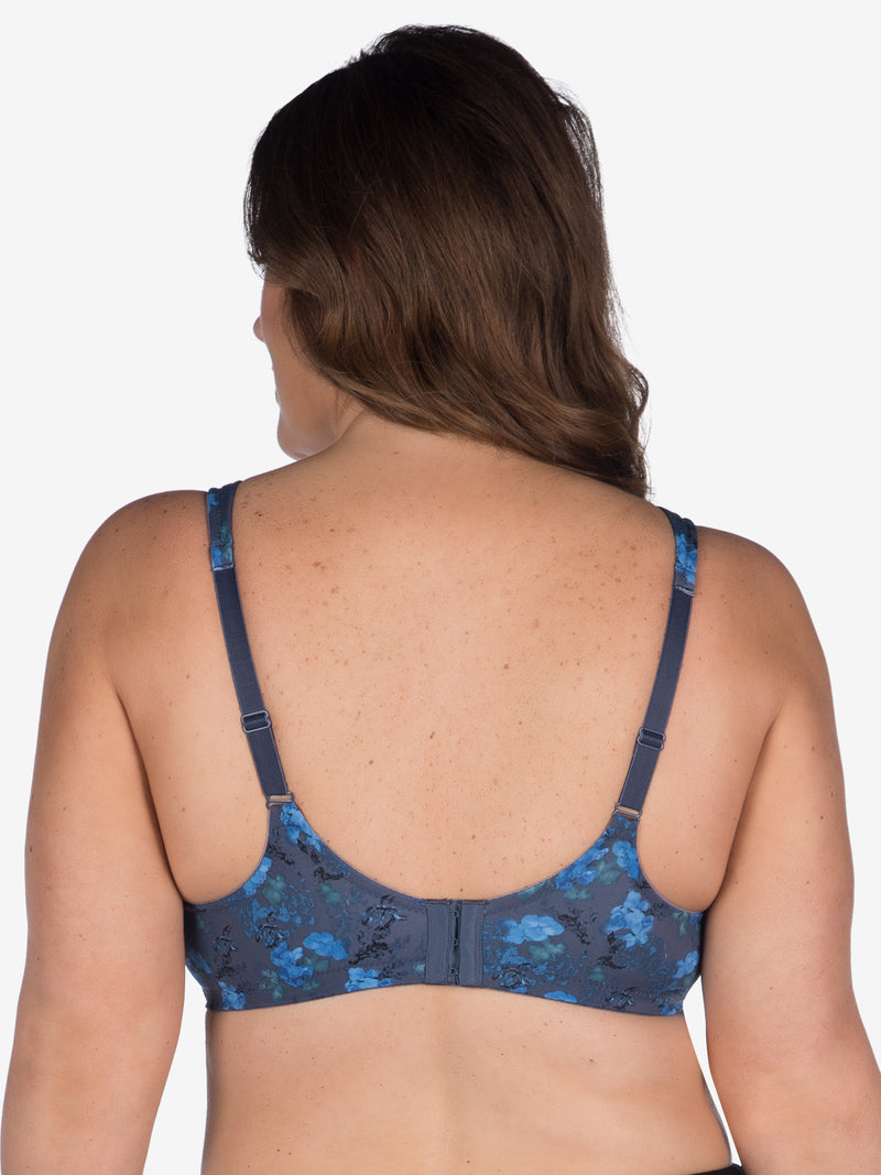 Back view of full coverage wirefree padded bra in blue floral