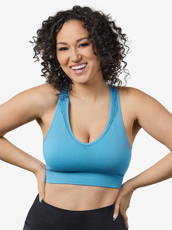 Front view of cooling racerback sports bra in arctic blue