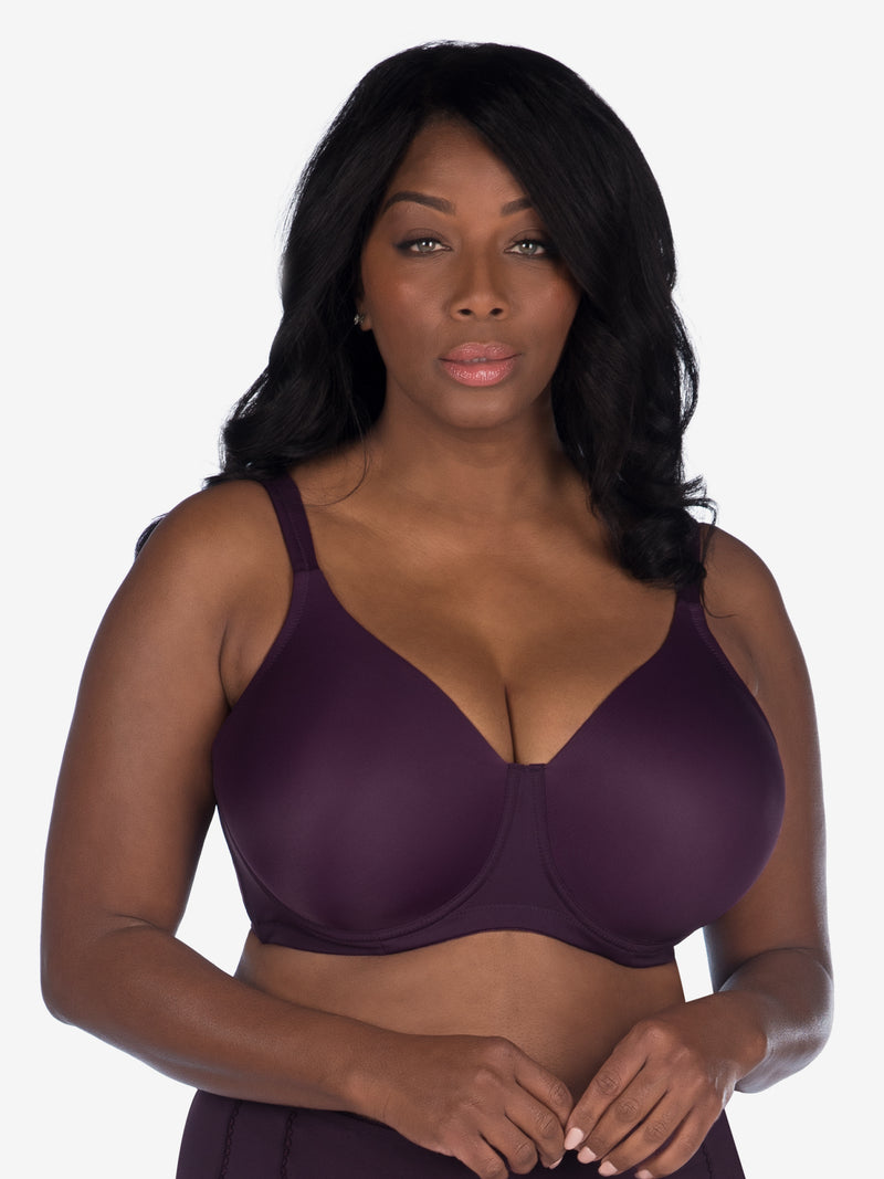Front view of full coverage underwire padded bra in blackberry wine