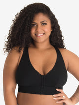 Side view of front-closure wirefree bralette in black