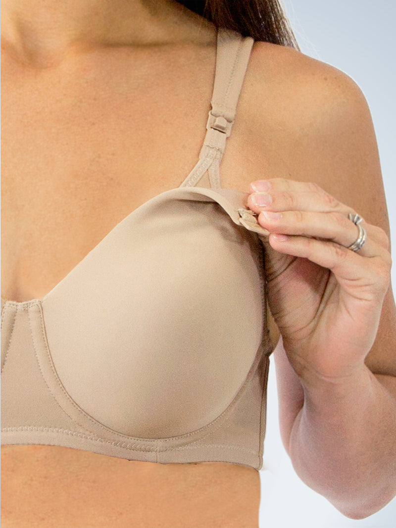 Close up detail view of cool fit wirefree nursing bra in warm taupe