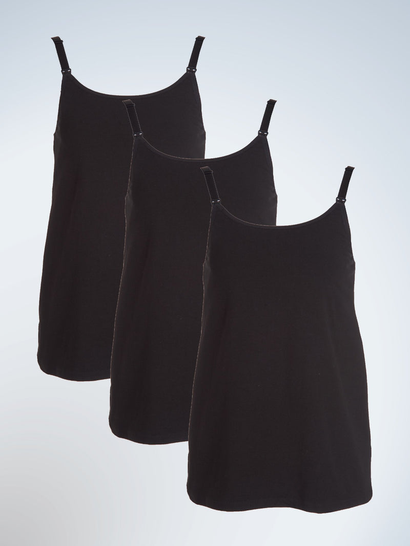 Front view of three pack nursing and maternity tank with built-in nursing bra in black