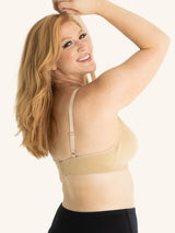 Side view of seamless comfort maternity nursing bra in salt beige