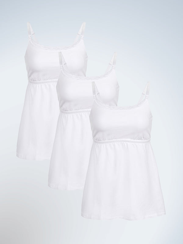 Front view of three pack nursing cami with lace in white
