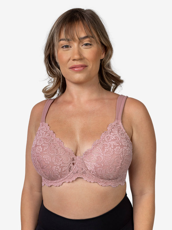 Front view of scalloped lace underwire bra in rose mauve