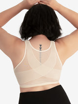 Back view of shimmer support back front-closure lace bra in whisper nude