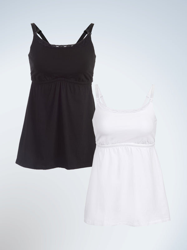 Front view of two pack nursing cami with lace in black and white