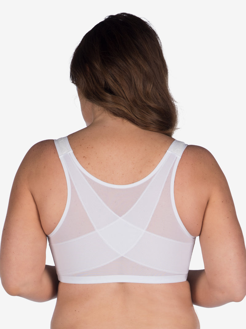 Back view of lace covered wirefree posture bra in white