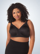 Front view of silky lace nursing bra in black