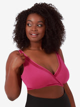 Front view of seamless crossover comfort bra in magenta haze