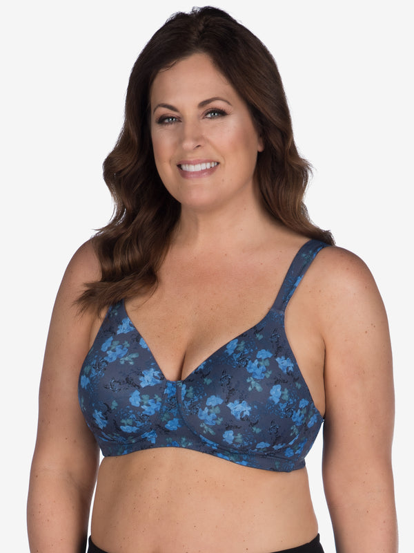 Front view of full coverage underwire padded bra in blue floral