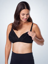 Front view of lace wireless nursing bra in black