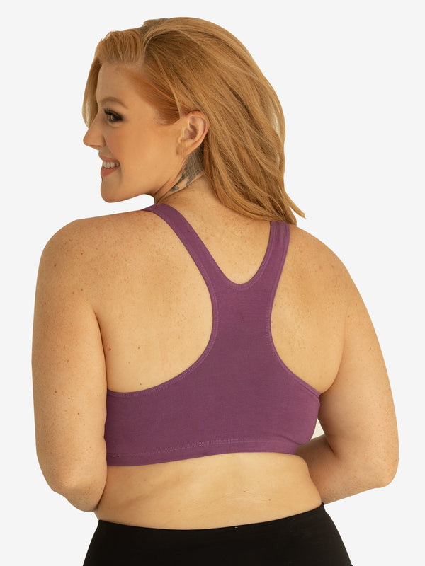 Back view of cotton wirefree sports bra in amethyst plum