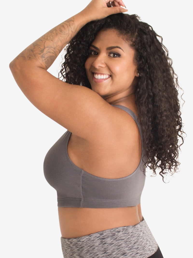 Side view of cotton wirefree sports bra in gray shadow