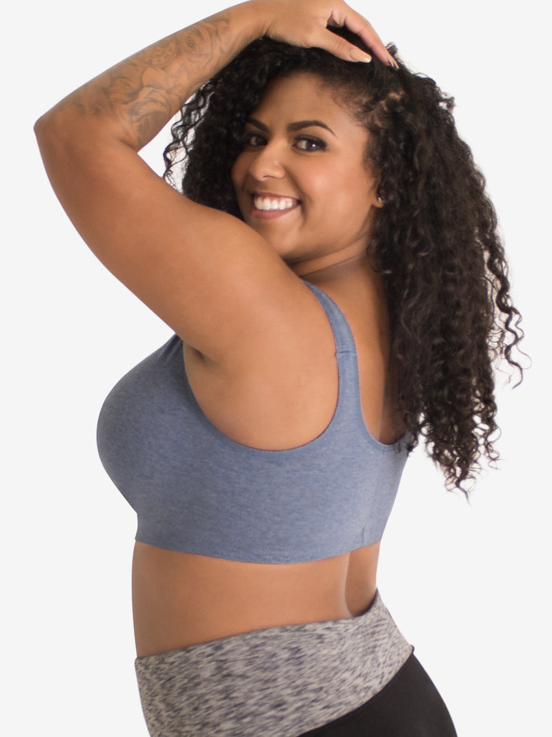 Side view of cotton front-closure wirefree comfort bra in heather denim blue