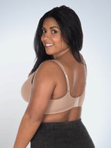 Back view of cotton sport wirefree nursing bra in warm taupe