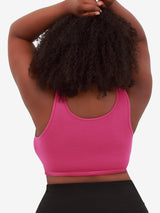 Back view of comfort support sports bra in magenta haze
