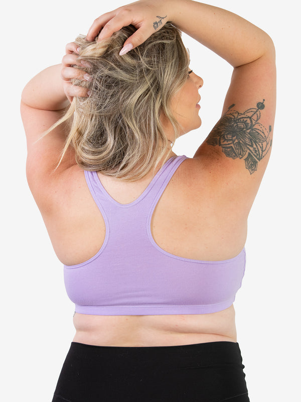 Back view of cotton wirefree sports bra in lavender