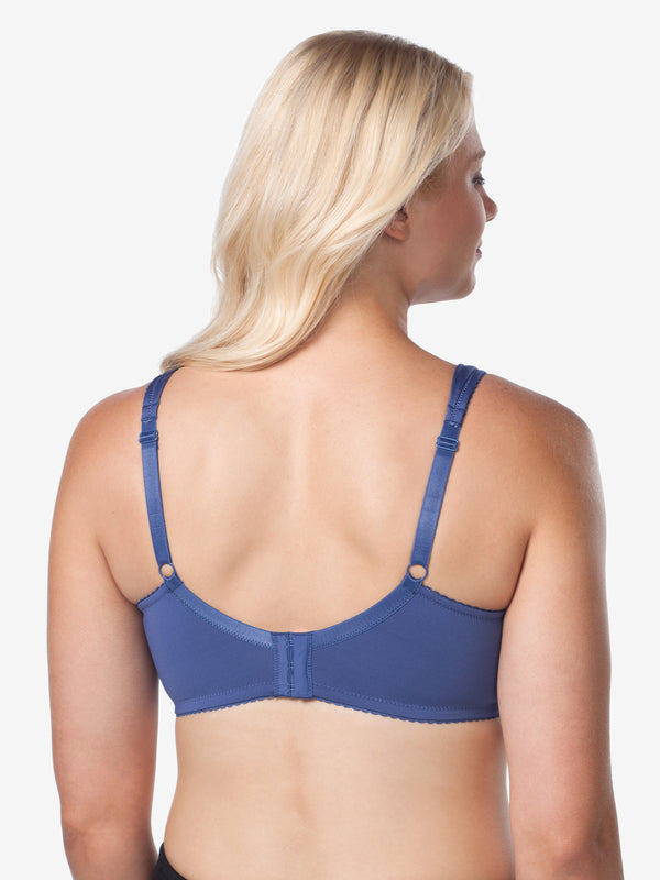Back view of lace half-cup wirefree bra in royal navy