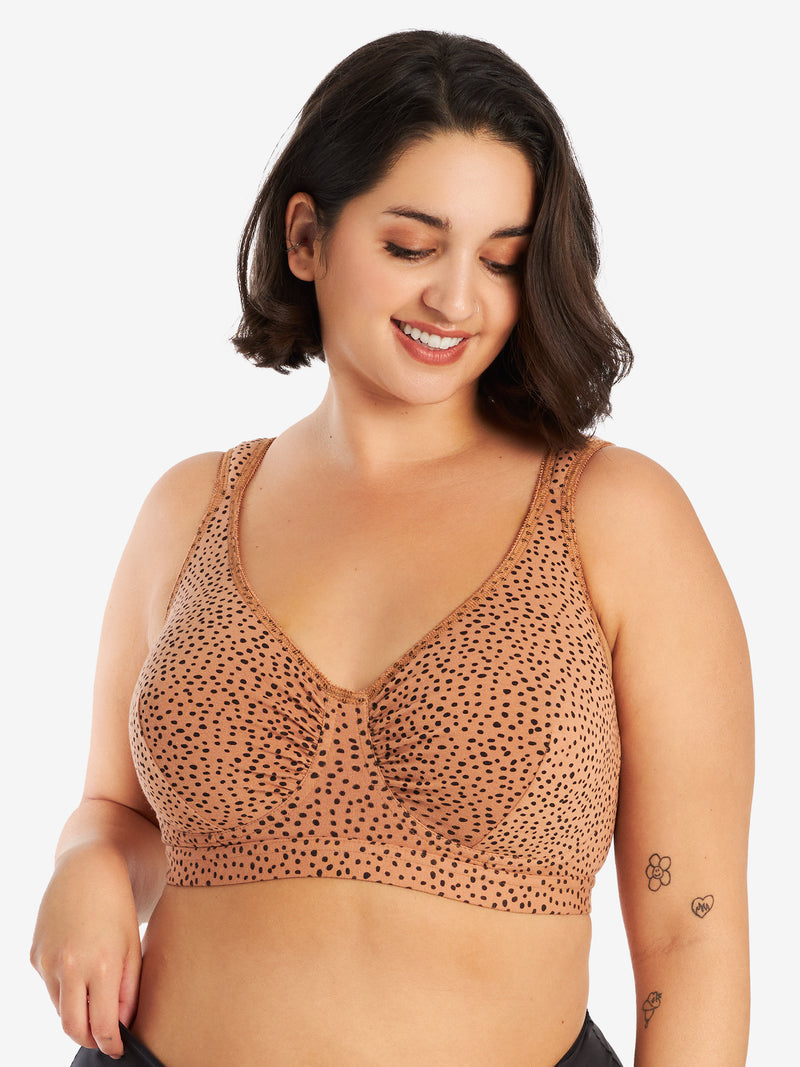 Front view of cotton comfort bra in mocha leo dot