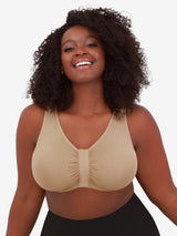 Front view of front-closure seamless comfort bra in salt beige