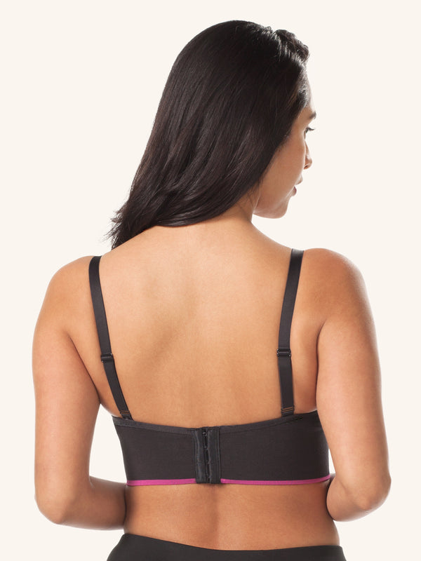 Front view of cotton seamless athleisure sports nursing bra in jet black with pink stripe