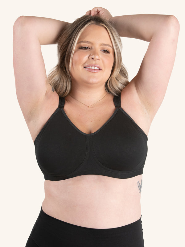 Front view of sport wirefree nursing bra in black