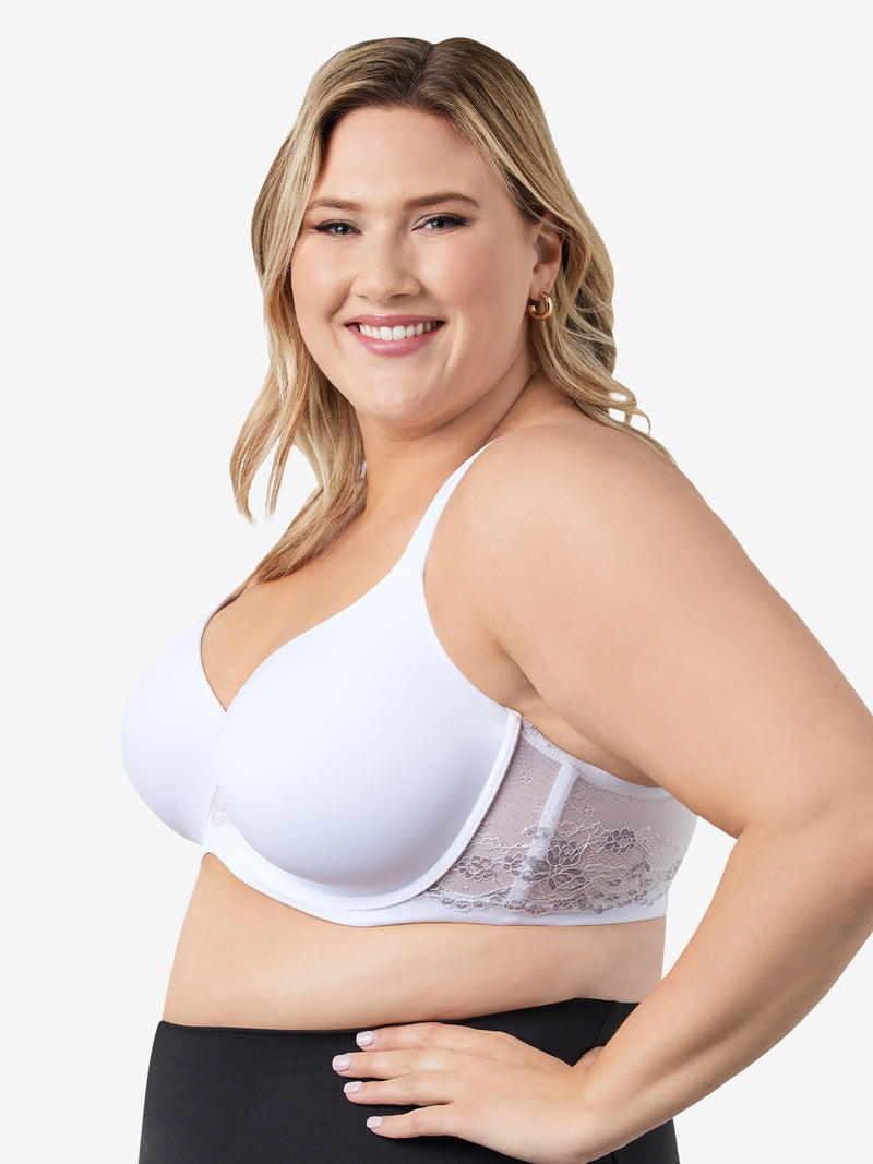 Side view of lace underwire t-shirt bra in white