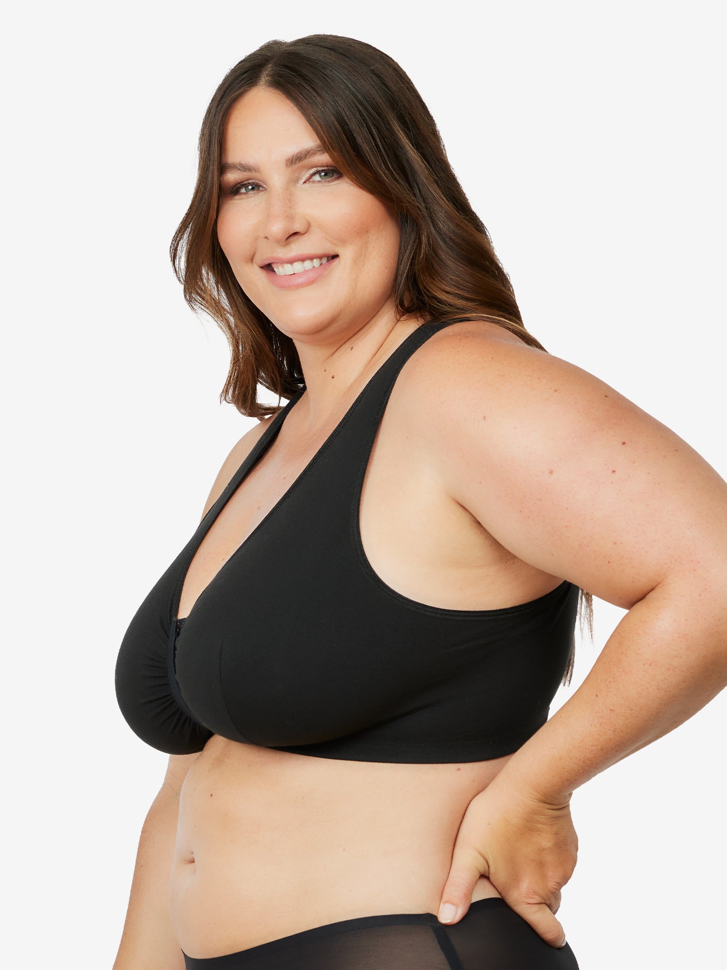 Side view of cotton front-closure lace racerback bra in black