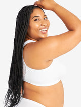 Side view of cotton front-closure lace racerback bra in white