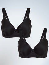 Front view of two pack padded underwire t-shirt bra in black