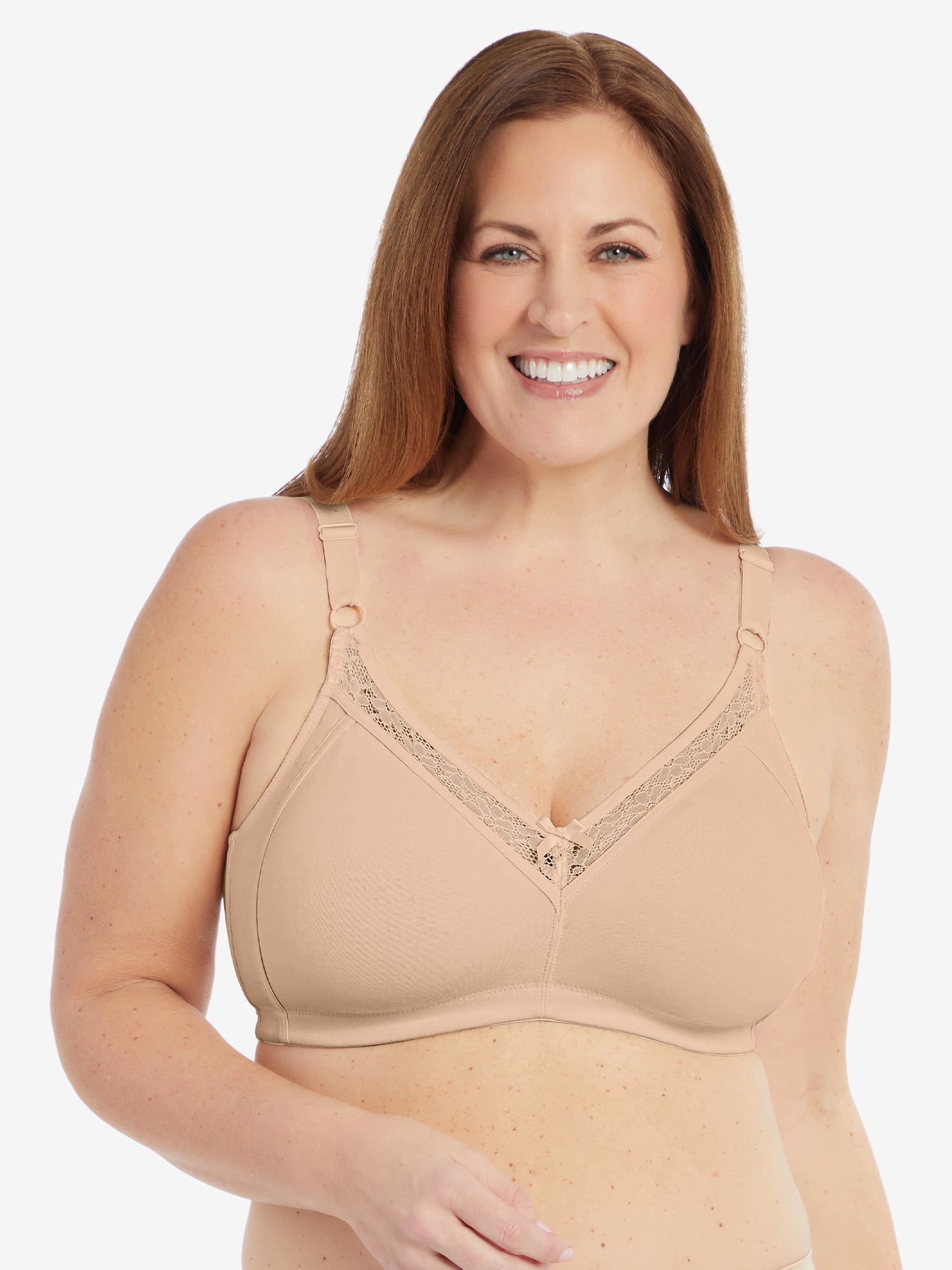 Front view of wireless cotton comfort bra with lace in sand
