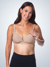 Front view of wireless maternity to nursing bra in warm taupe