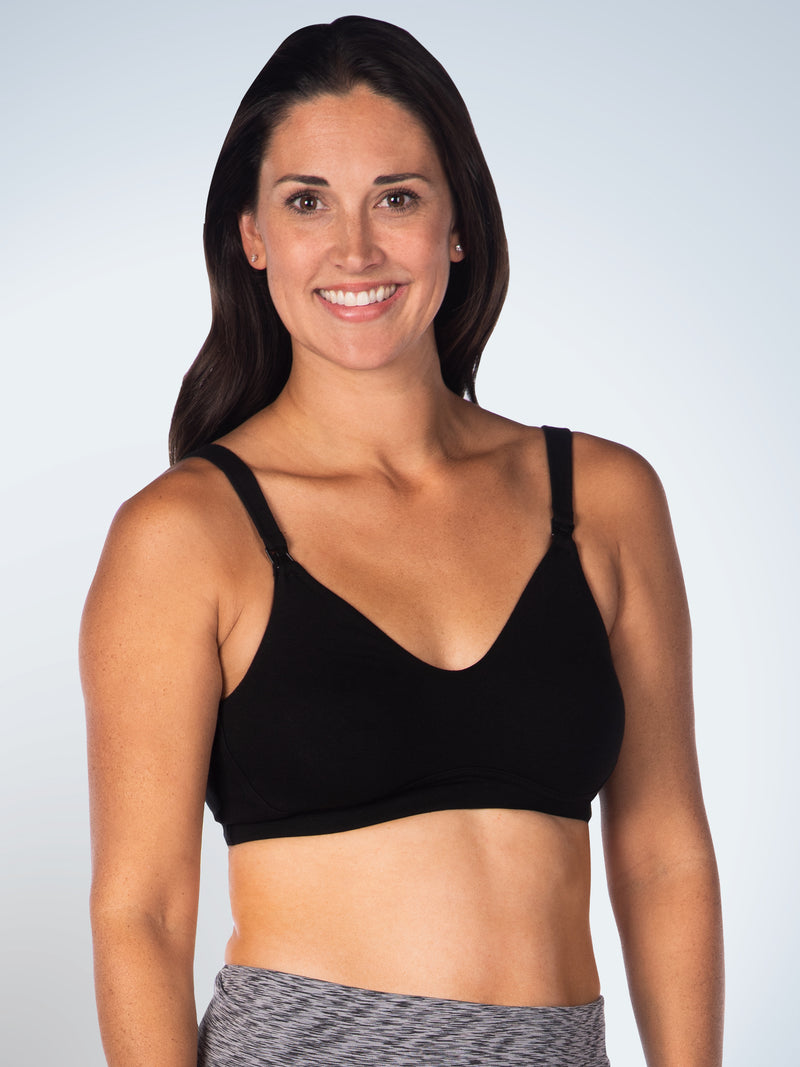 Front view of cotton sport wirefree nursing bra in black