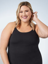 Front view of nursing and maternity tank with built-in nursing bra in black